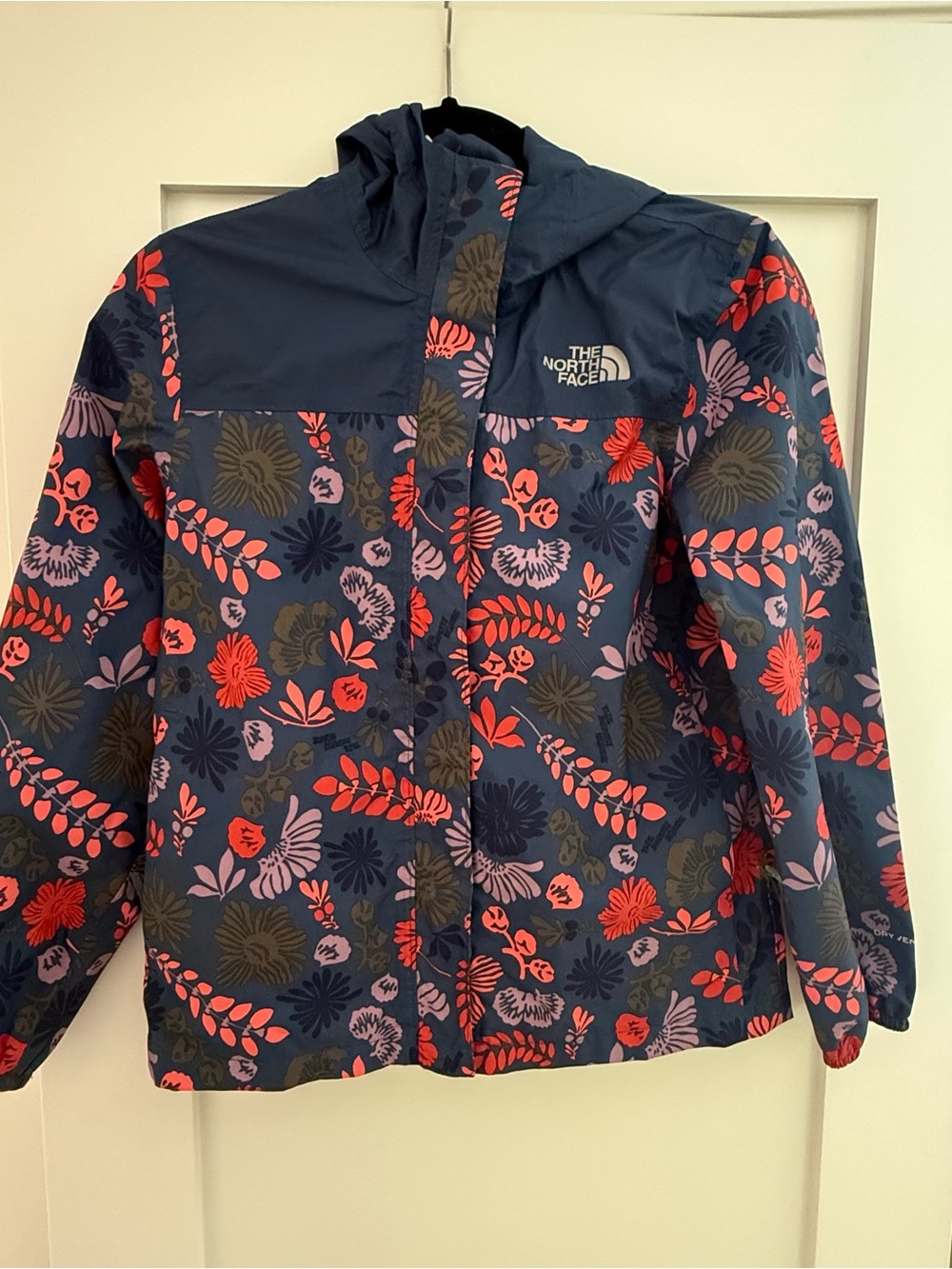 The North Face Kids Navy Floral Hooded Raincoat with Coral & Lavender Accents
